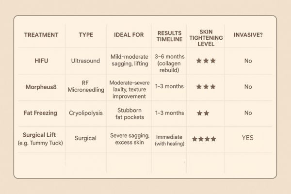 Table showing the comparisons of Skin tightening Gosport treatment options.